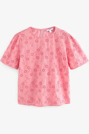 Next Blush Pink Textured Floral Cornelli Embroidered Short Sleeve 100% Cotton Blouse AU 16