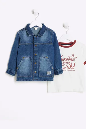 River Island Blue Boys 100% Cotton Denim Shacket T-Shirt Set 3