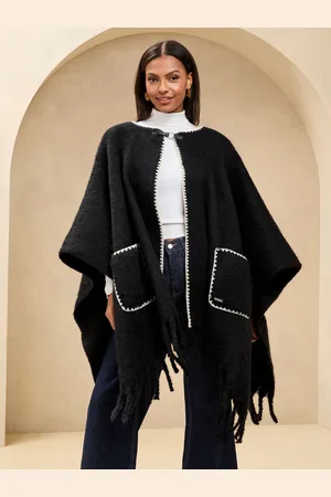 Lipsy London Black Cosy Whipstitch Fringe Cape One