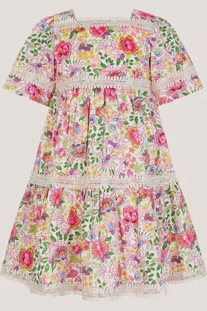 Monsoon Floral Print Short Sleeve Tiered 100% Cotton Dress 10 Years (140cm)