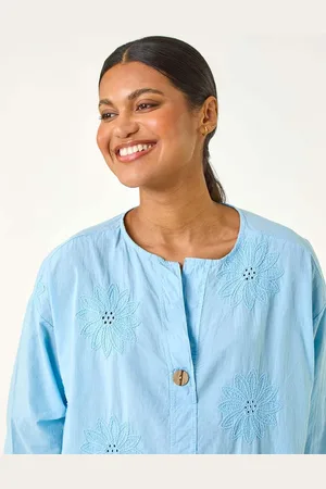 Roman Blue 100% Cotton Floral Embroidered Tunic Top L