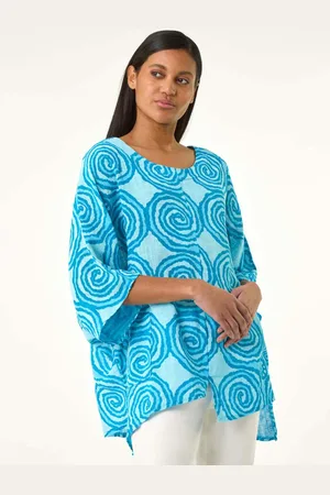 Roman Blue 100% Cotton Spiral Print Asymmetric Tunic Top M