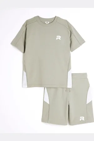 River Island Green Boys Block Piped 100% Cotton Tee Shorts Set 11