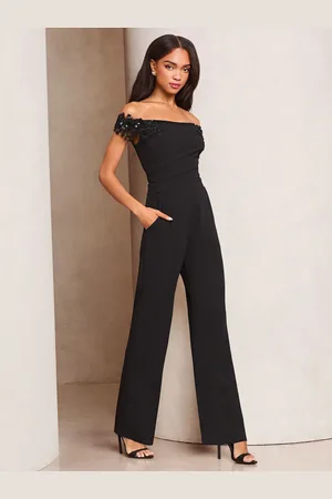 Lipsy London Black Embelished 3D Floral Trim Bardot Jumpsuit AU 12