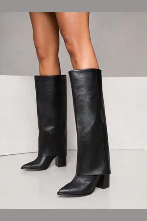 Lipsy London Black Block Heel High Leg Fold Over Faux Leather Boots AU 8 (EU 39)