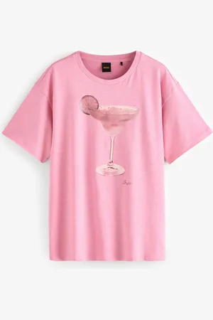 HUGO BOSS Pink Oversize 100% Cotton Cocktail Glass Graphic T-Shirt M