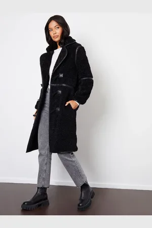 Threadbare Black Longline Borg Toggle Coat With PU Trim AU 8