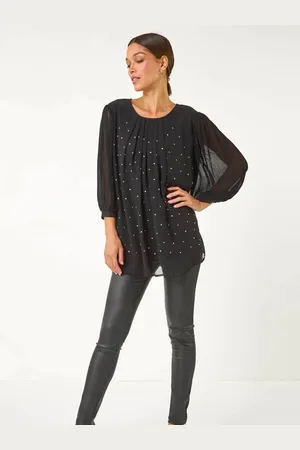 Roman Black Pleated Sleeve Hotfix Detail Top AU 18