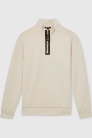 Reiss Off White Hale Leather-Placket Interlock Sweatshirt XS