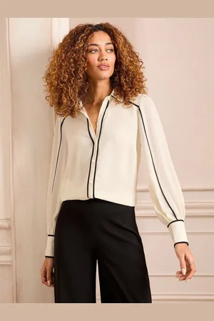 Love & Roses Contrast Piping Button Through Long Sleeve Shirt AU 14