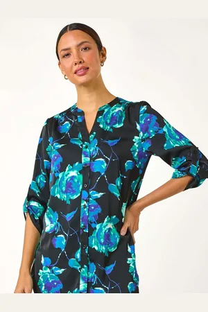 Roman Blue Floral Print Satin Button Blouse AU 12