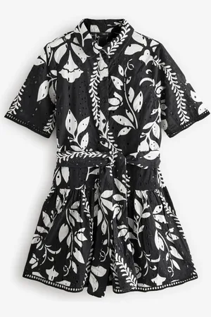 Next Mini Broderie Short Sleeve Tie Waist 100% Cotton Shirt Dress AU 16