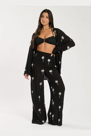 South Beach Black Palm Tree Embroidered Palm Tree Embroidered Beach Trousers AU 8
