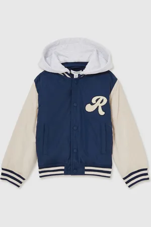Reiss Airforce Blue/Off White Fred 13-14 yrs Logo Patch Hooded Varsity Jacket 13
