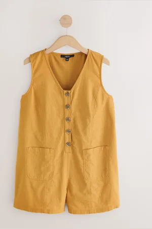 Next Ochre Yellow 100% Cotton V-Neck Button Down Playsuit AU 16 Tall