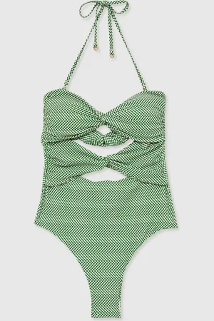 Reiss Green/White Nelly Chequered Print Cut Out Swimsuit AU 12