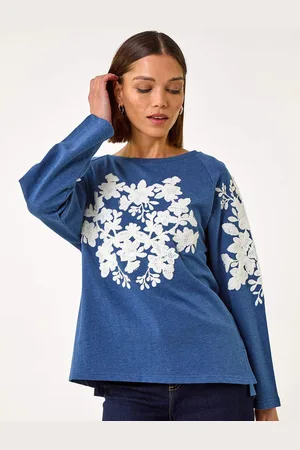 Roman Blue Floral Appliqué Detail Stretch 100% Cotton Top AU 16