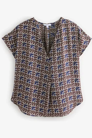 Next Navy/Brown Geo Print Relaxed Fit Short Sleeve Overhead V-Neck Blouse AU 10