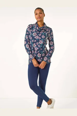 Roman Blue Cowl Neck Floral Snit Top AU 20