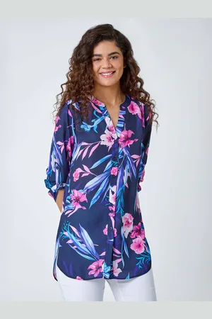 Roman Blue Tropical Print Longline Blouse AU 12