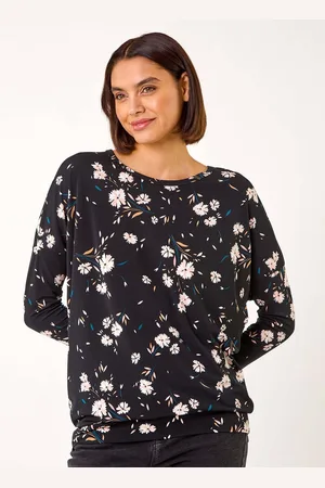Roman Black Floral Print Drop Shoulder Stretch Top AU 14