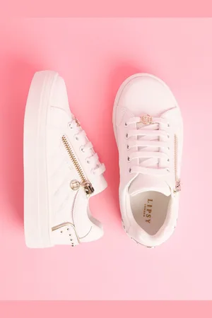 Lipsy London White Quilted Lace Up Chunky Flatform Quilted Faux Leather Trainers AU 4 (EU 37)