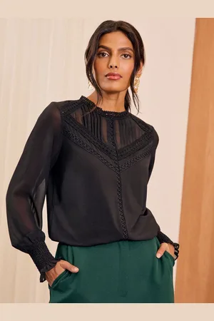 Love & Roses Black Jersey Chiffon Sleeve Lace Trim Blouse AU 12
