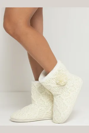 Pour Moi Cream Cable Knit Faux Fur Lined Bootie Slippers M