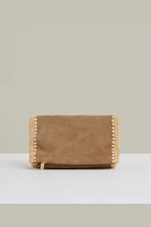 Reiss Tan Emie Suede Woven-Trim Clutch Bag One