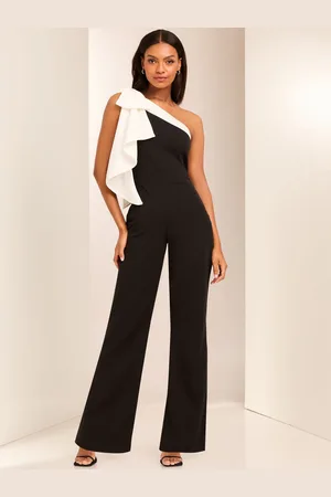 Lipsy London Black and White One Shoulder Bow Jumpsuit AU 14 R