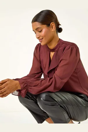 Roman Brown Ruffle Front Keyhole Satin Top AU 10
