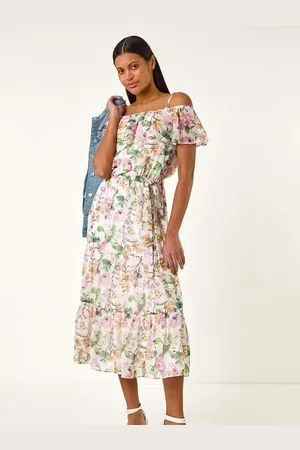 Roman Floral Print Bardot Midi Dress AU 12