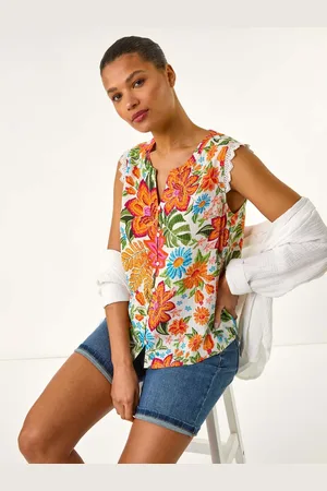 Roman Orange Floral Print Lace Detail Vest Blouse AU 14