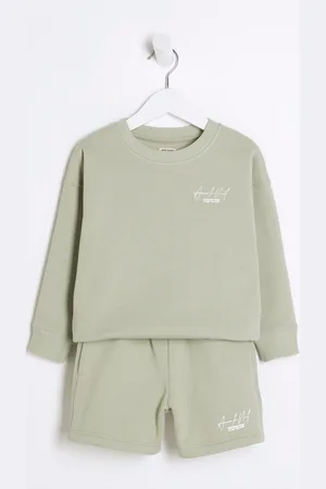 River Island Green Boys MB Ame Le Nuit Crew 100% Cotton Shorts Set 2