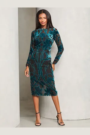 Lipsy London Premium Velvet Printed Burnout Long Sleeve Midi Dress AU 18