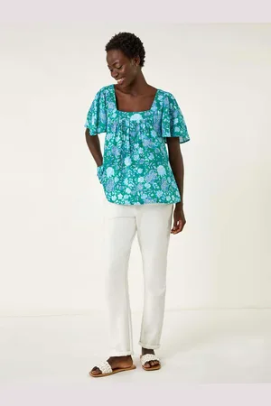 Roman Green Floral Print Square Neck Top AU 12