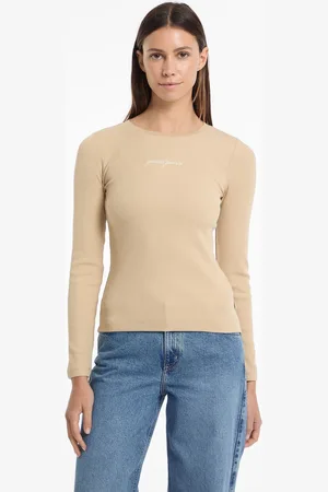 Guess Beige 100% Cotton Long Sleeve Logo T-Shirt M
