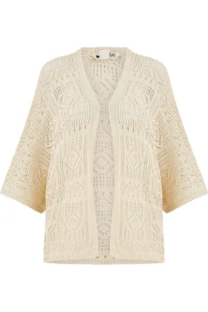 Yumi Natural Crochet Edge To Edge 3/4 Sleeve 100% Cotton Cardigan S