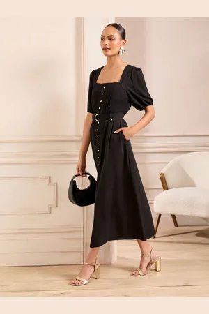 Love & Roses Square Neck Short Sleeve Belted Button Through Mid Dress AU 12