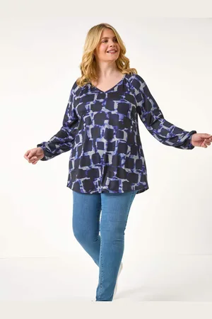 Roman Blue Curve Abstract Print Swing Stretch Top AU 22-24