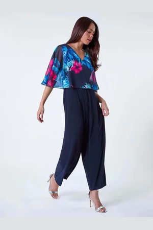 Roman Blue Tropical Chiffon Overlay Jumpsuit 14
