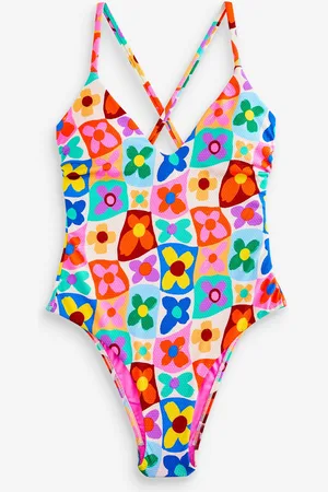 Eleanor Bowmer Flower Check Cross Back Tummy Control Pink/Yellow/White Swimsuit AU 14