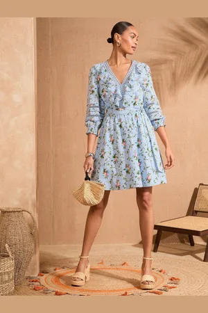 Love & Roses Print Boho Ruffle Lace Trim 3/4 Sleeve 100% Cotton Mini Dress 18