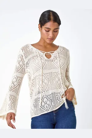 Roman White Crochet Tie Front Tunic Top AU 16