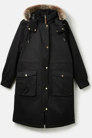 Joules Harpsden Cosy Black Waterproof Fleece Lined Raincoat with Faux Fur Hood AU 12