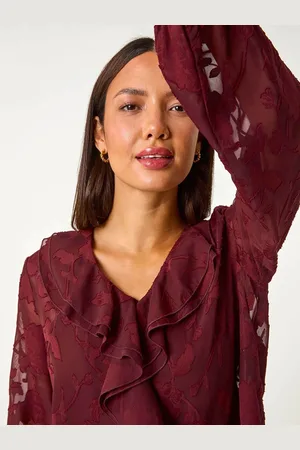 Roman Red Floral Print Ruffle Burnout Top AU 16