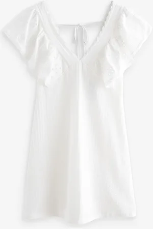 Next 100% Cotton Embroidered Sleeve Mini Dress AU 18 Tall