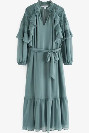 Next Long Sleeve Tie Waist Ruffle Embroidered Maxi Dress 16