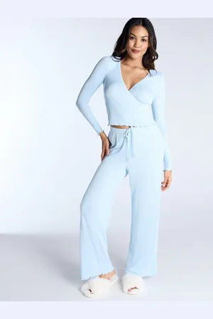 Boux Avenue Blue Rib Wrap Top & Pant Pyjamas Set AU 14
