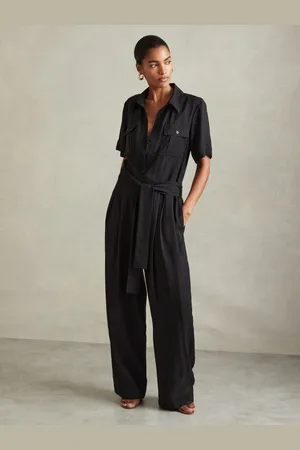 Reiss Black Joanie Belted Utility Wide Leg Jumpsuit AU 6